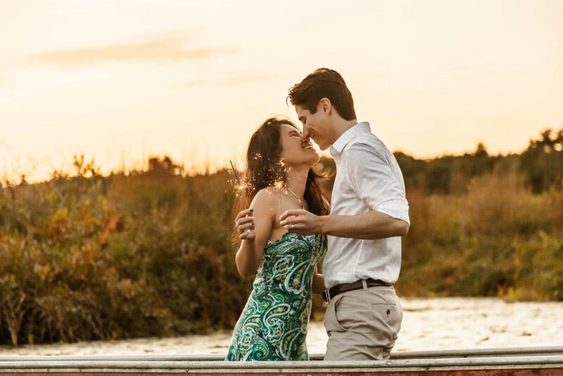 A gallery of a couple's nature engagement photography where the couple climbed trees, rode a canoe, and lit sparklers - Massachusetts engagement photography gallery