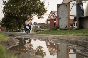 A groom sits in a wheelbarrow as the bride pushes it, during a sunset wedding portrait session at a Gibbet Hill wedding in Groton, MA - image featured in a review of the wedding photographers' work.