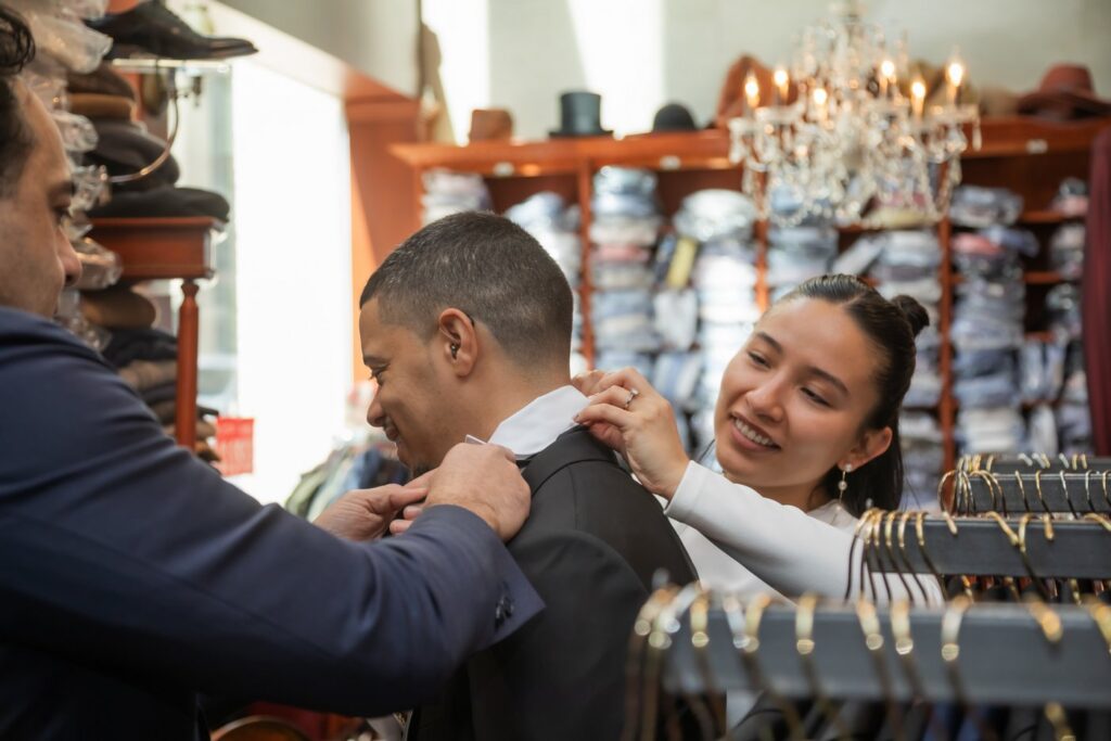 Groom getting fitted for a bow tie at Cuffs & Collars by Antoine Rubini in Boston on their way to City Hall to get married
