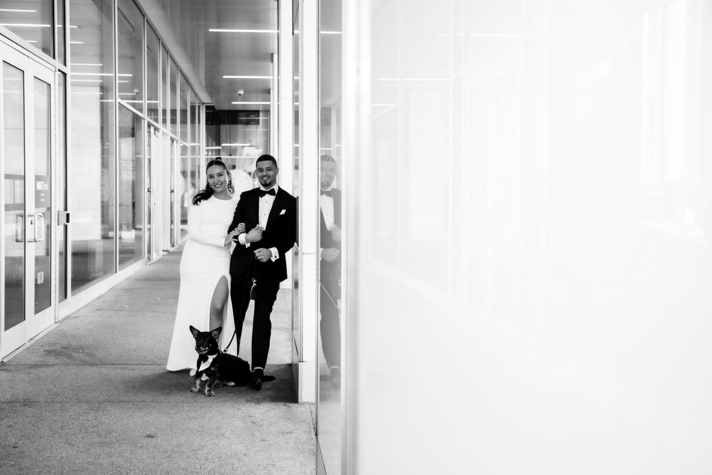A black and white photo of the bride and groom posing for a shot with their dog on their walk to Boston City Hall for their wedding