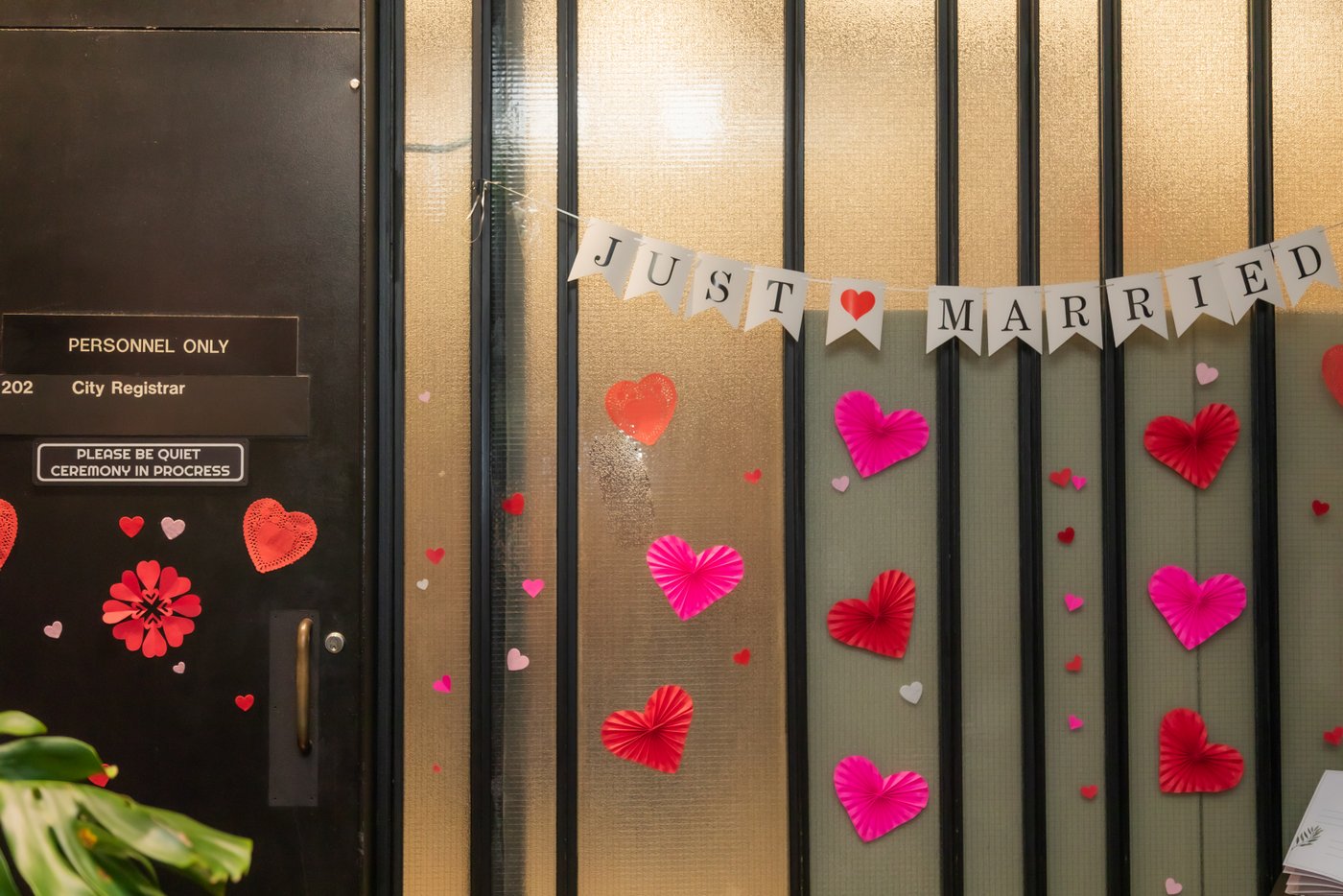"Just married" sign at Boston City Hall