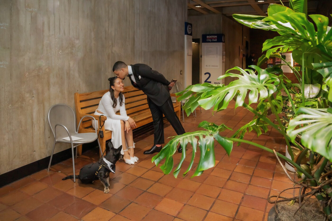 Bride and groom waiting to get married at City Hall in Boston