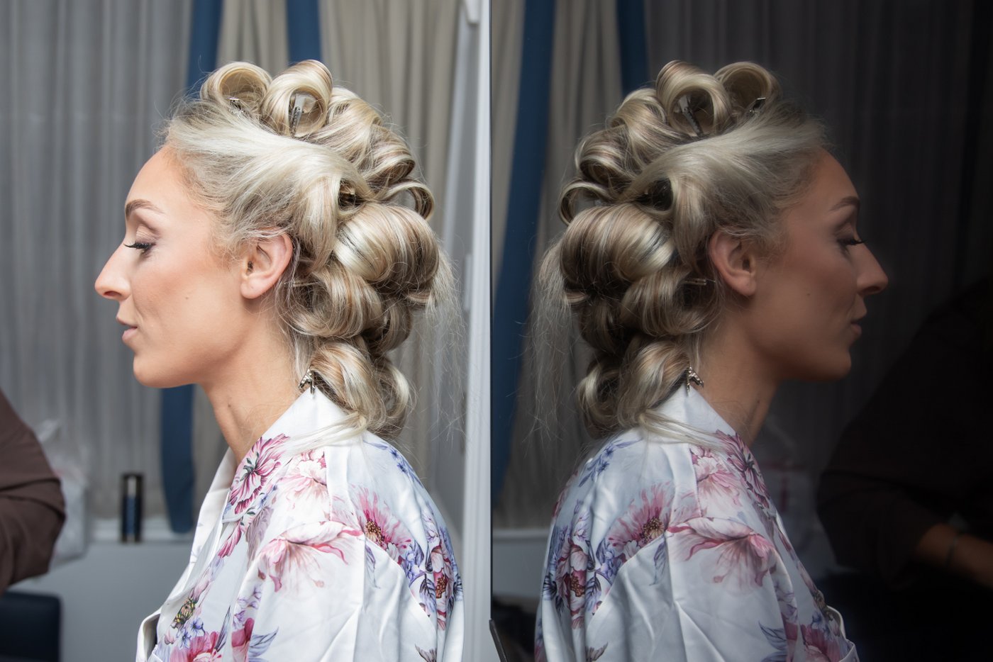 Bride getting her hair done at the Langham Hotel in Boston