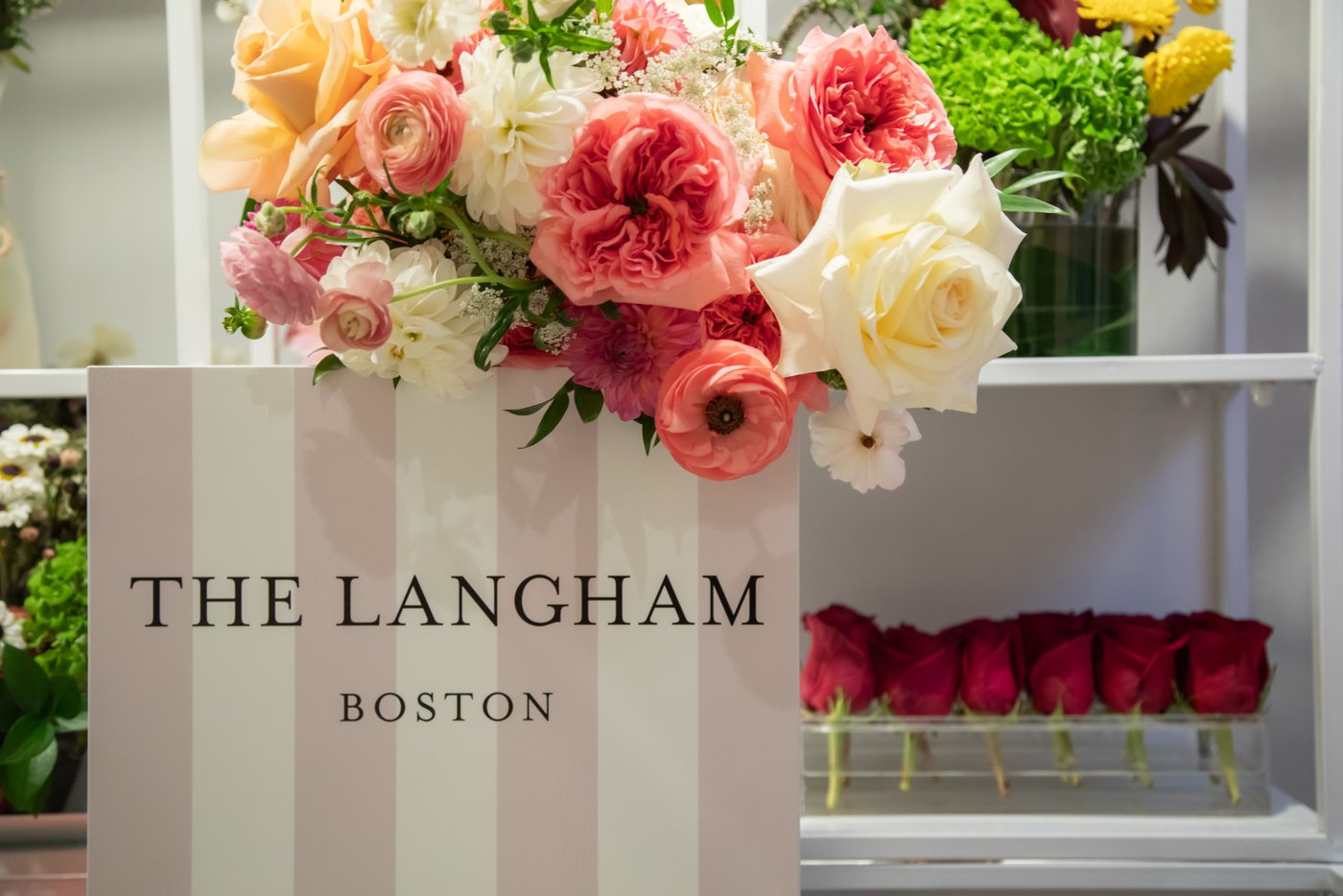 A bride's bouquet on the floral cart in the lobby of the Langham Hotel in Boston