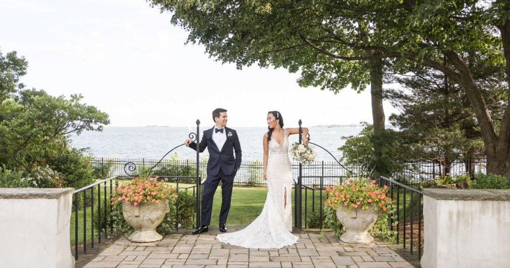 Misselwood Estate Wedding: Portrait of bride and groom on their wedding day at the Misselwood Estate with sweeping ocean views in the background