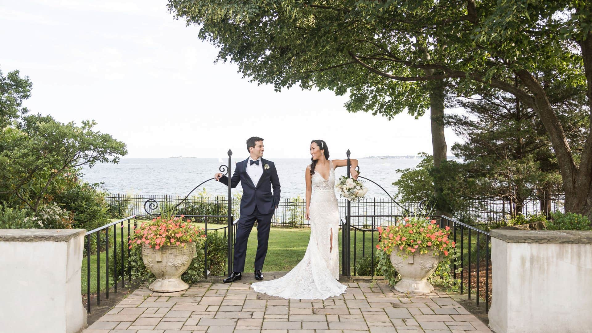 Misselwood Estate Wedding: Portrait of bride and groom on their wedding day at the Misselwood Estate with sweeping ocean views in the background
