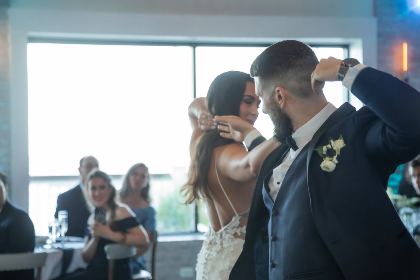 The bride and groom dancing during their Oceanview of Nahant wedding first dance