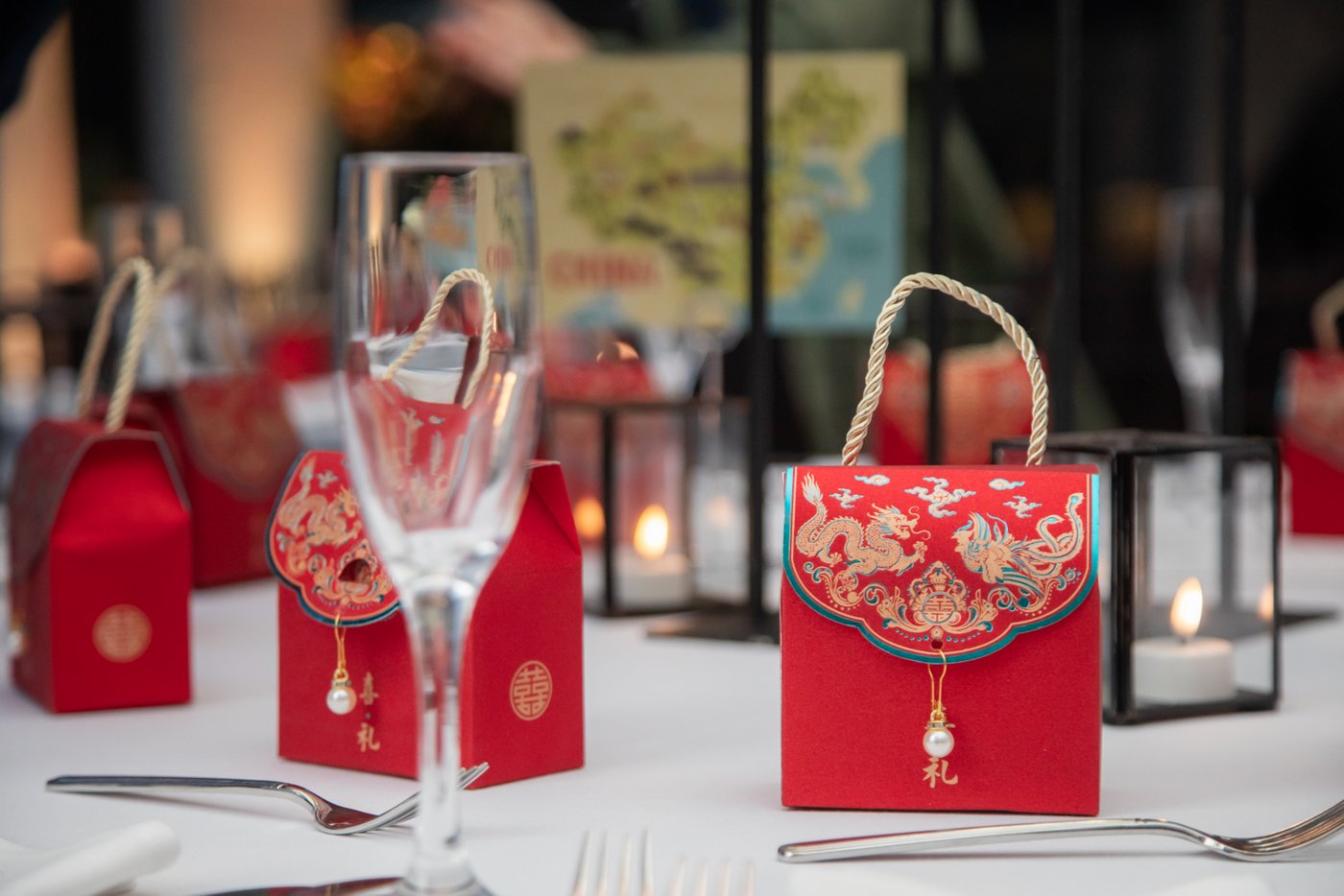 The wedding favors placed on guest tables at a State Room Boston wedding