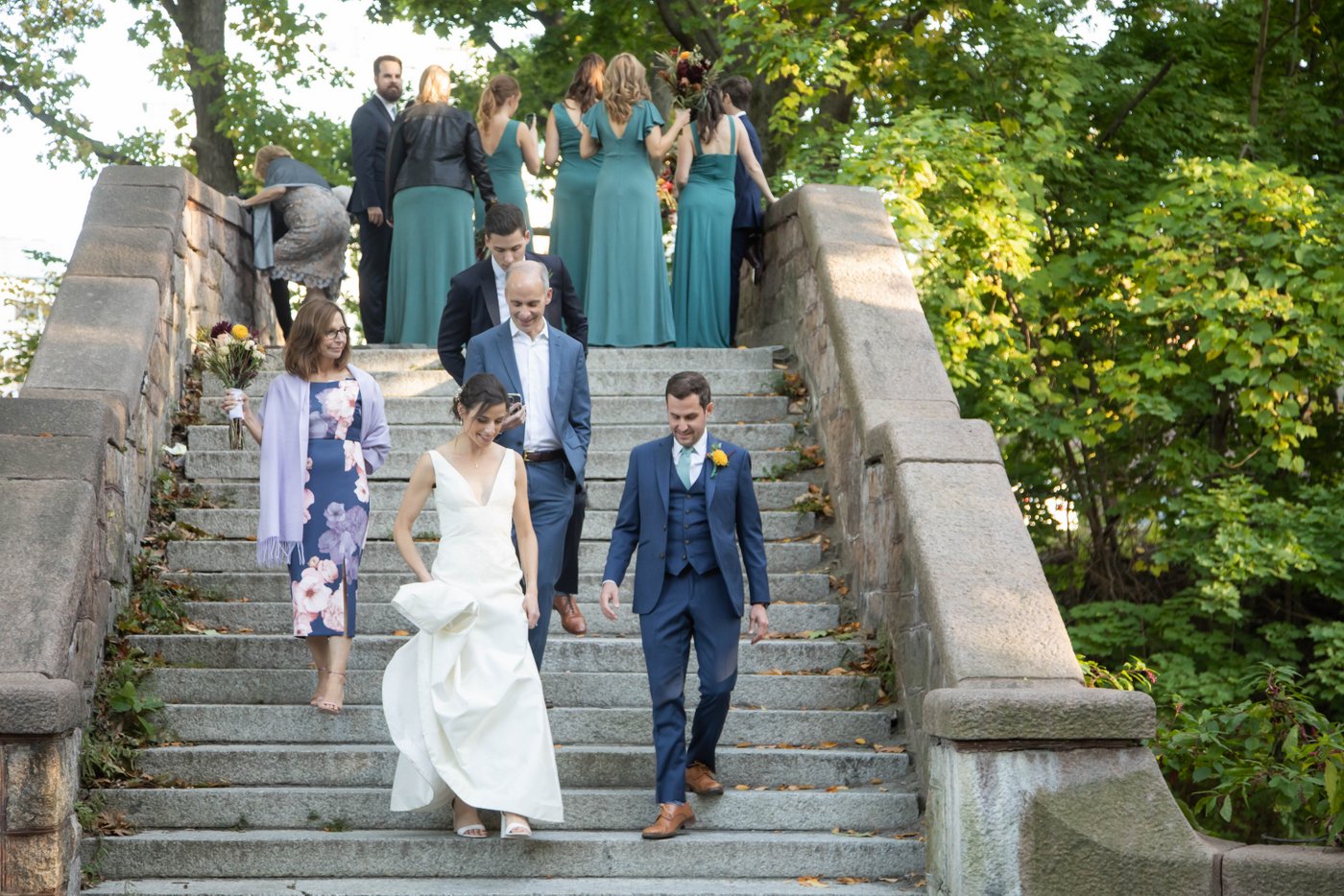 Bridal party portrait at the Riverway Park in Brookline during a fall wedding in Brookline.