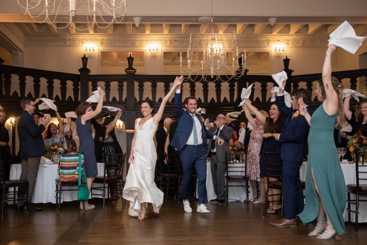 Couple's Grand Entrance at fall Jewish wedding in Brookline MA