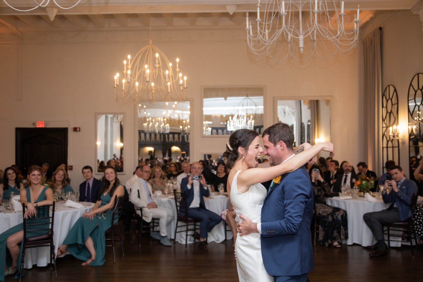 Bride and groom's first dance at fall wedding in Brookline