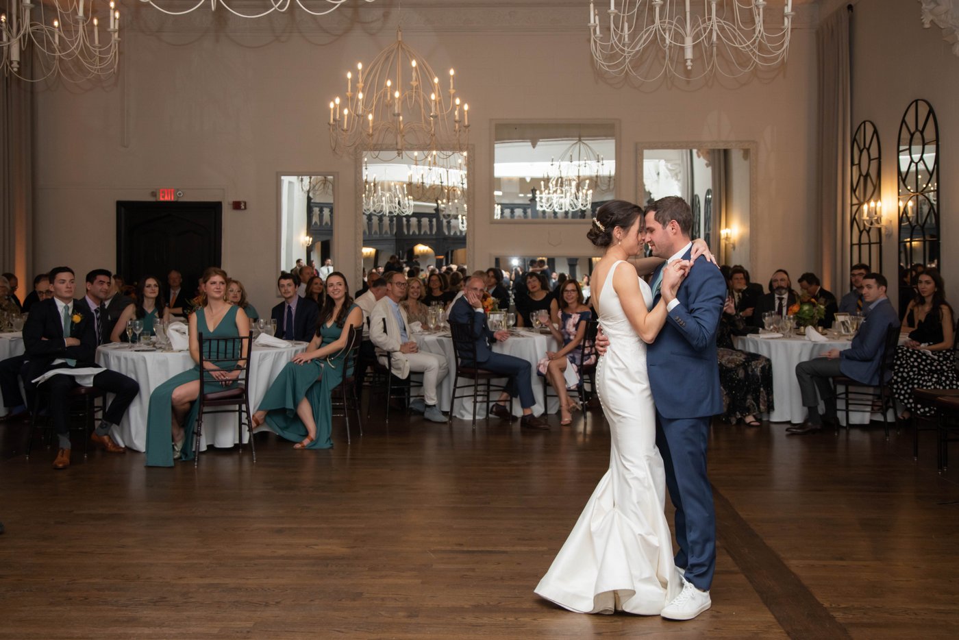 Bride and groom's first dance at fall wedding in Brookline