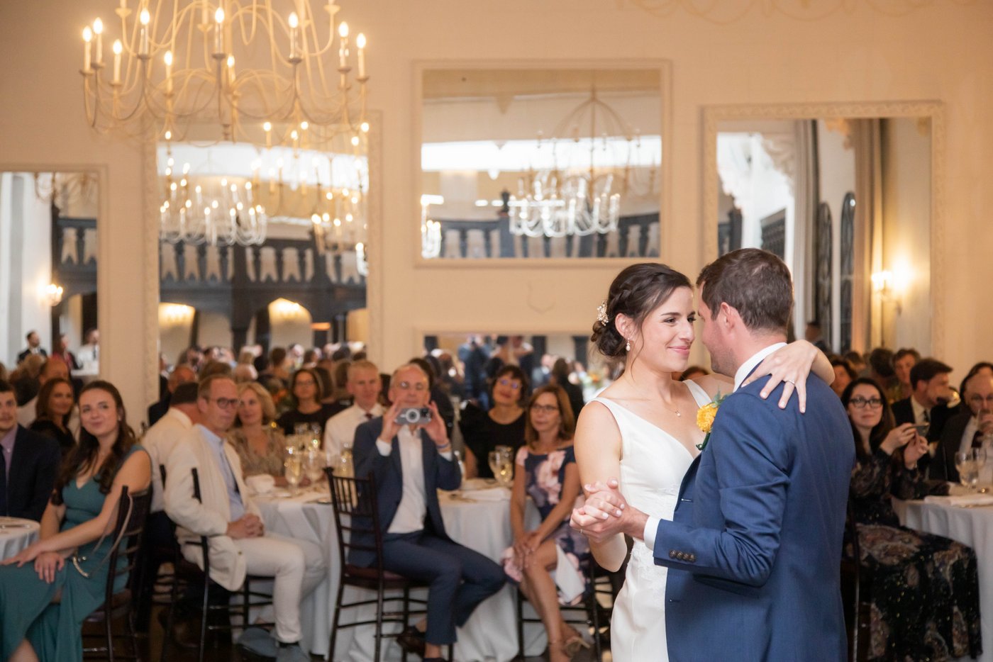 Bride and groom's first dance at fall wedding in Brookline