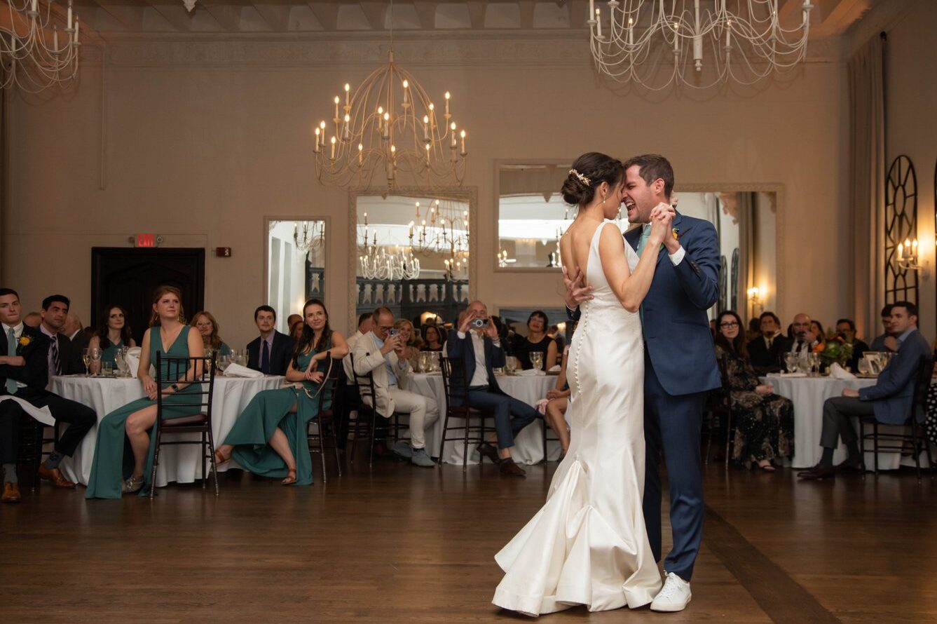 Bride and groom's first dance at elegant fall Jewish wedding in Brookline MA