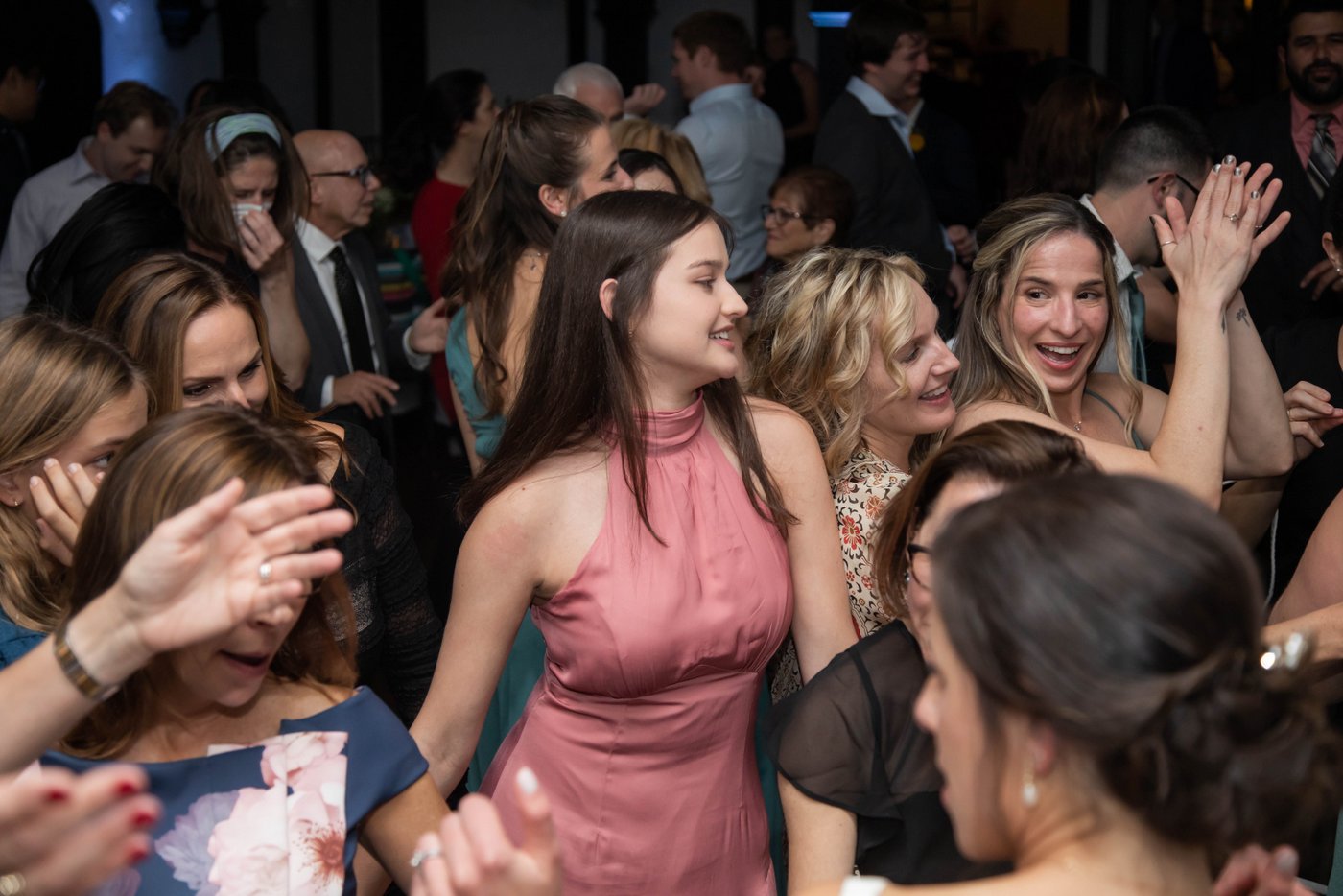 Guests dancing at fall Jewish wedding in Brookline MA