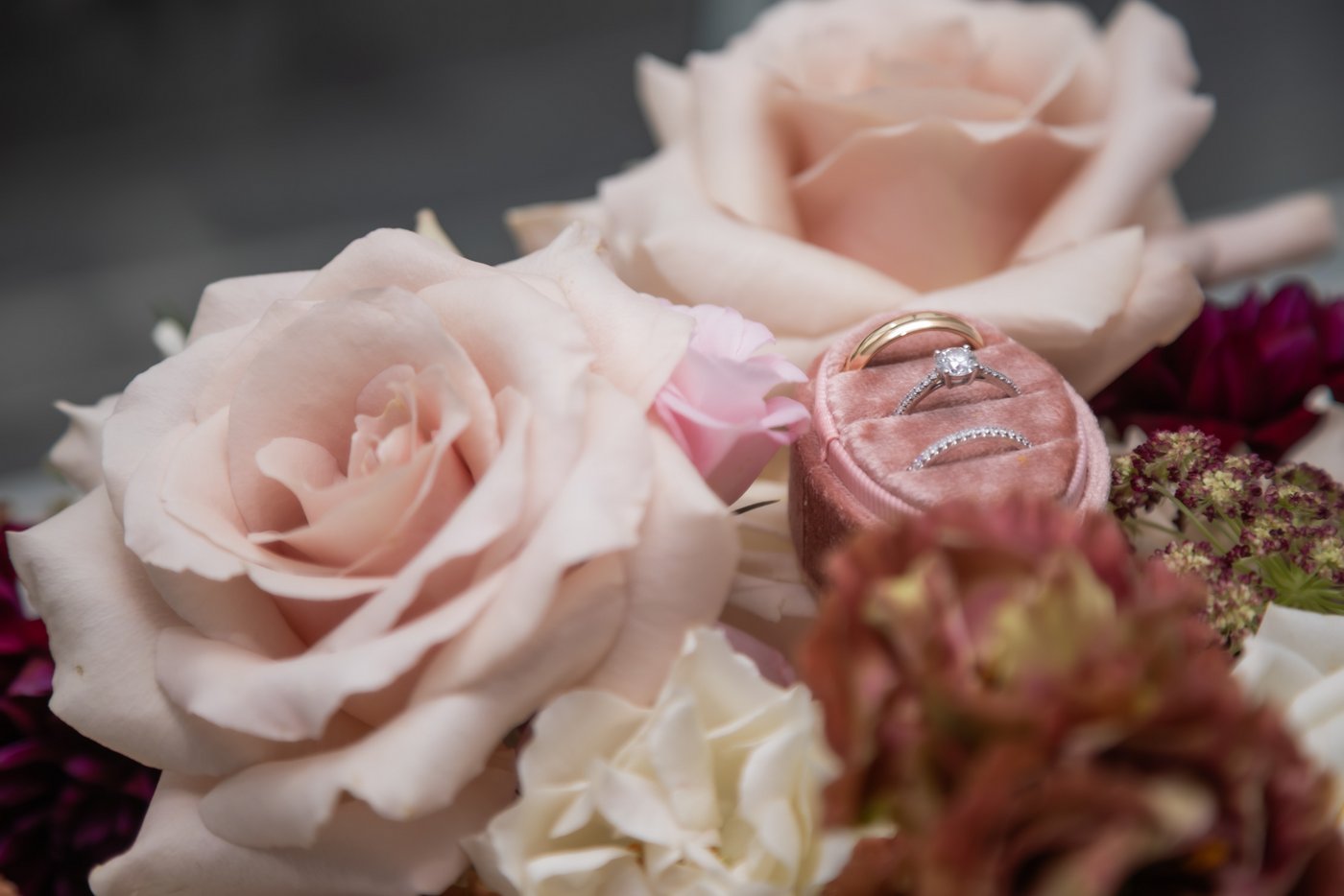 The wedding bands on a pink velvet ring holder surrounded by pink roses