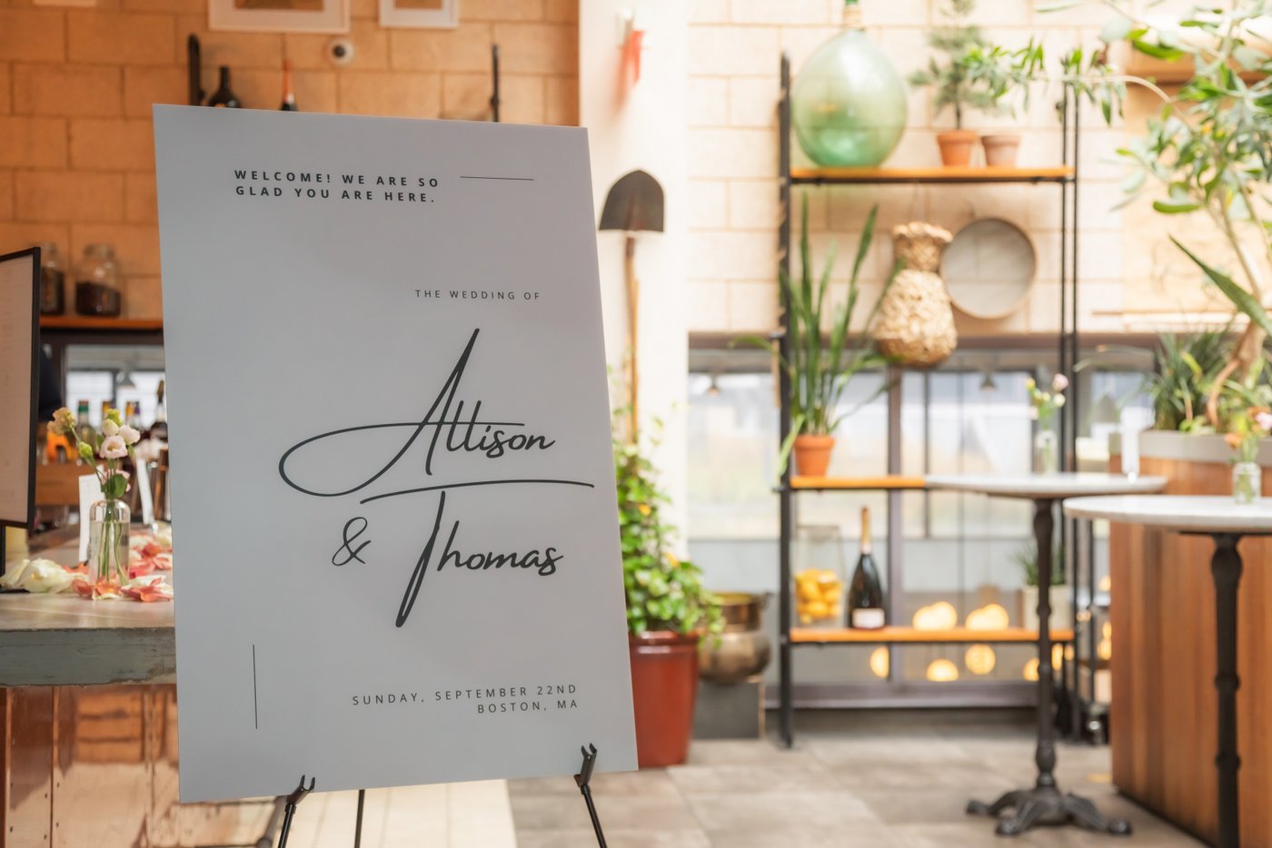 The wedding welcome sign at the entrance of Terra at Eataly in Boston