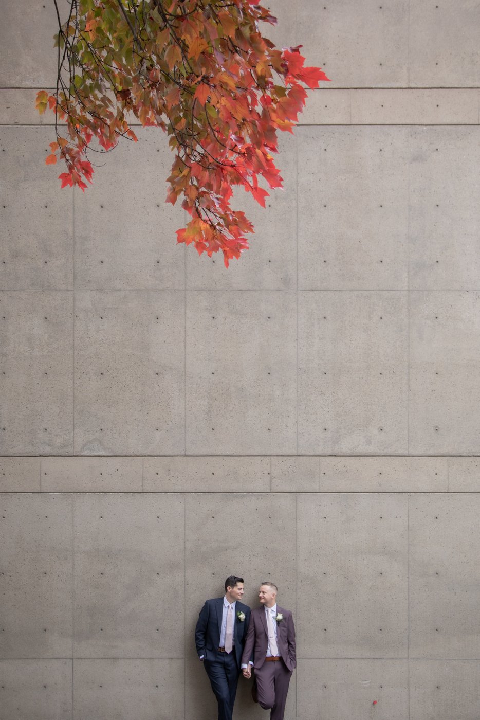 A portrait of two grooms leaning against a stone wall following their Cambridge City Hall wedding, with portraits around Cambridge, MA, by Spagnolo Photography.