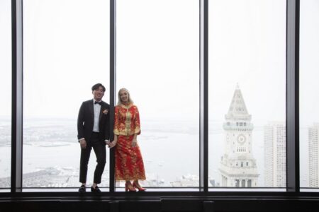 From the Langham to the State Room: A Tea Ceremony & Skyline Celebration bride and groom during their wedding at the State Room in Boston